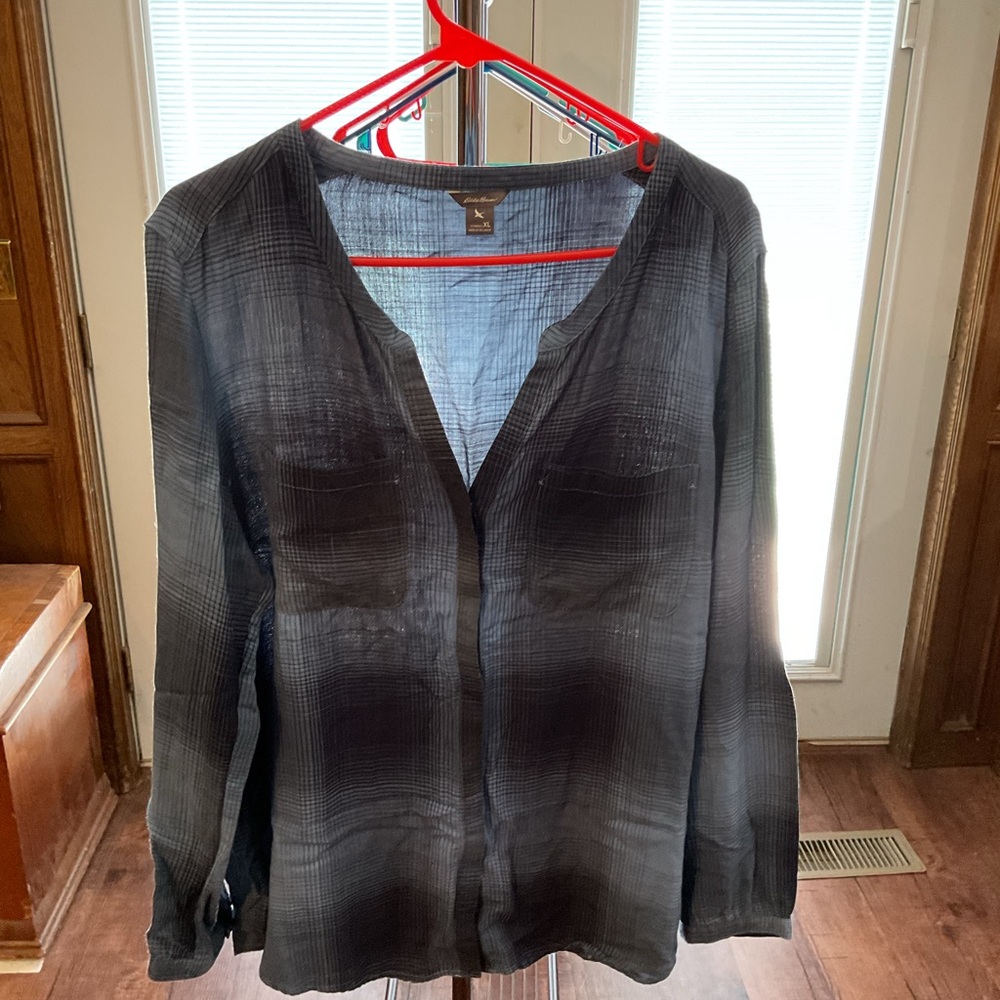 Eddie Bauer Black Sheer Plaid Blouse